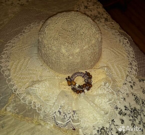Шляпка лён. ручная работа. кружево