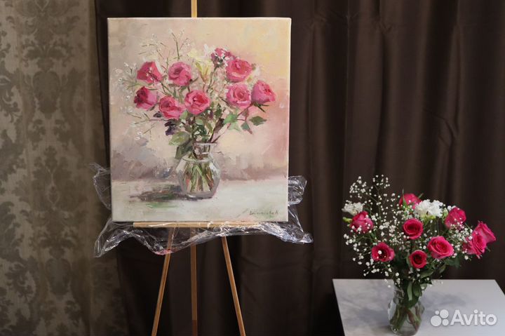 Картина маслом Цветы Букет роз на холсте 35х40см