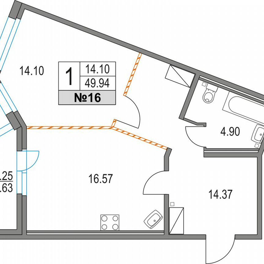 1-к. квартира, 49,9 м², 4/21 эт.