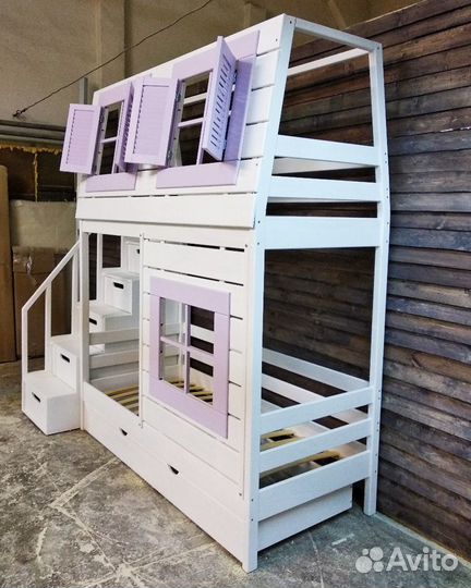 Двухъярусная детская кровать домик, лестница комод