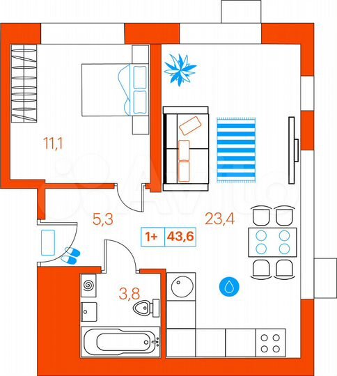 1-к. квартира, 43,6 м², 17/21 эт.