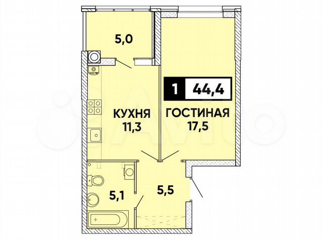 1-к. квартира, 44 м², 1/24 эт.