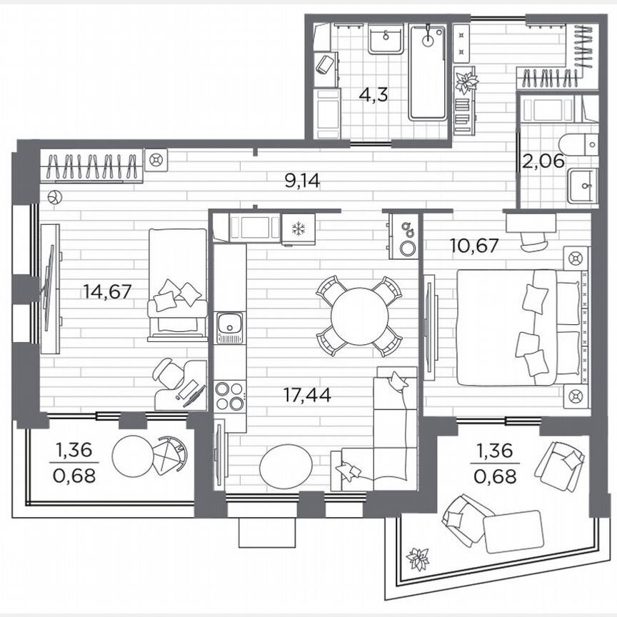 2-к. квартира, 59,3 м², 3/13 эт.