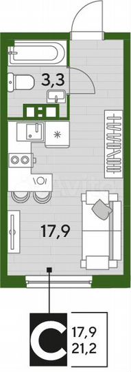 Квартира-студия, 21,2 м², 4/16 эт.