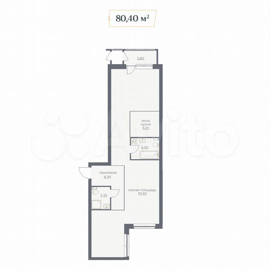 1-к. квартира, 80,4 м², 6/6 эт.