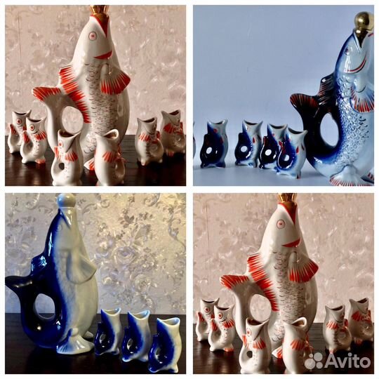 Набор для ликера карп и стопки рыбки фарфор СССР