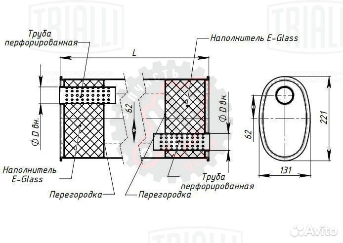 Глушитель универсальный (овальный) 131х221, L485