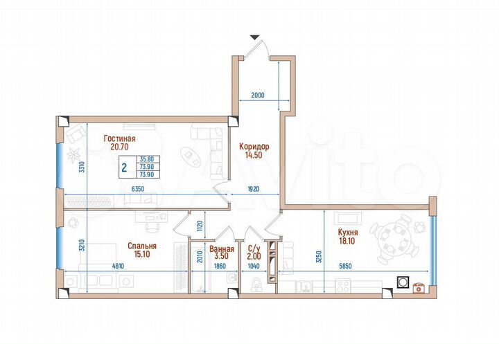 2-к. квартира, 73,9 м², 8/8 эт.