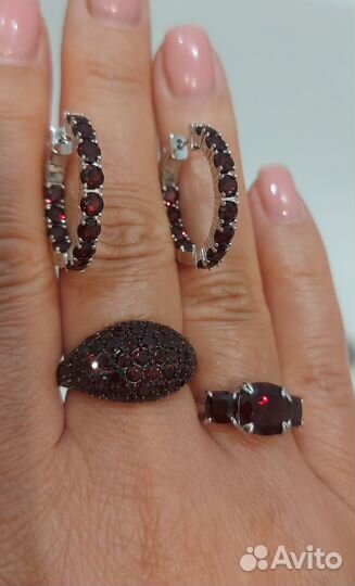 Серебряные серьги с гранатом, кольцо с гранатом