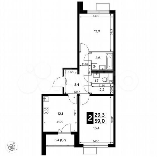 2-к. квартира, 59 м², 2/20 эт.