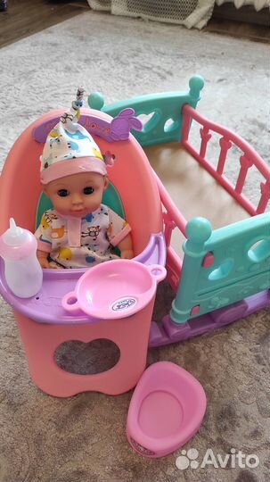Кукла пупс со стульчиком и кроваткой