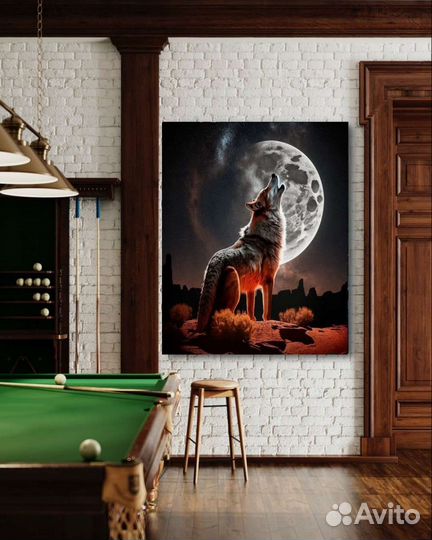 Большая картина маслом в интерьер Волк и луна