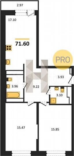 2-к. квартира, 71,6 м², 19/20 эт.
