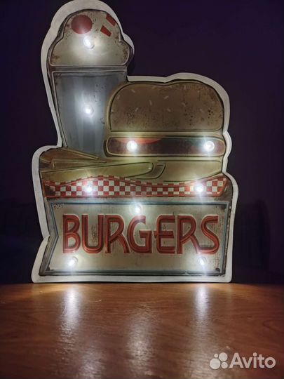 Светодиодная вывеска Бургерная США Винтаж