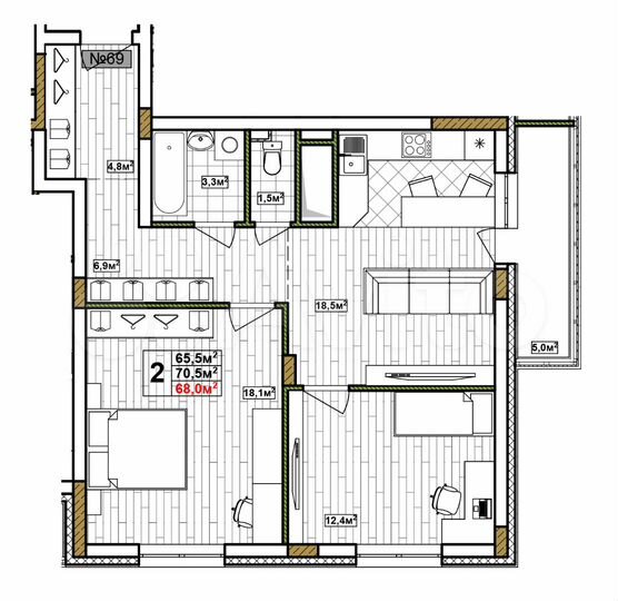 2-к. квартира, 68 м², 12/17 эт.