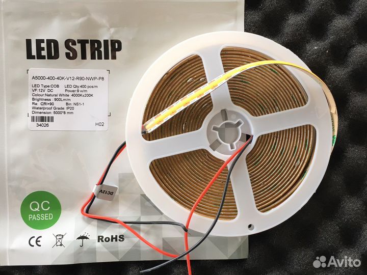 Светодиодная лента COB 12v 4000K, срез 1 см