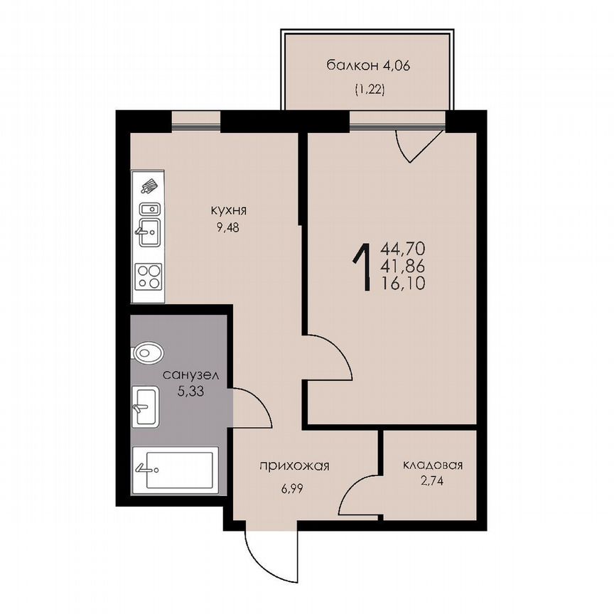 1-к. апартаменты, 41,9 м², 4/6 эт.
