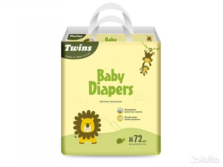Подгузники twins M 6-11 kg 72 шт