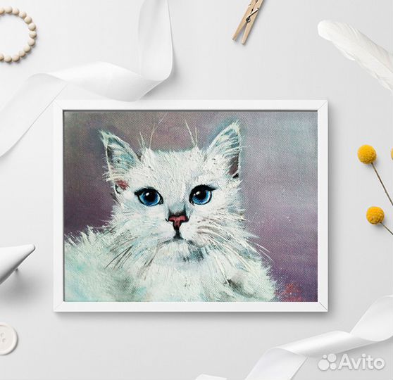 Белый кот, картина маслом на холсте, портрет кота