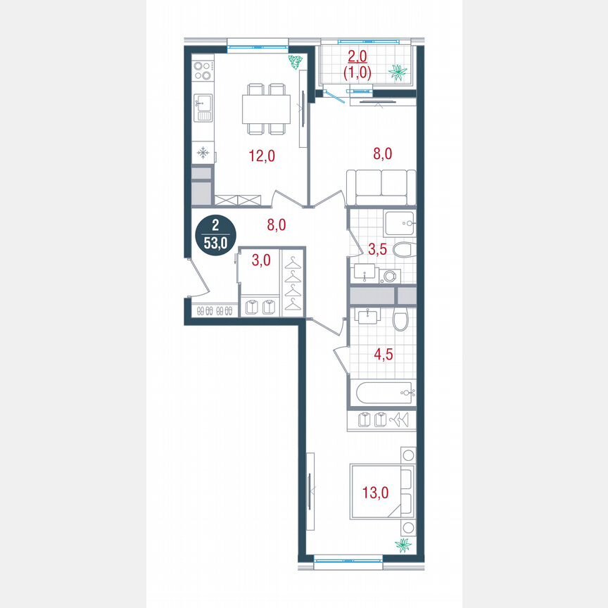 2-к. квартира, 53 м², 20/26 эт.