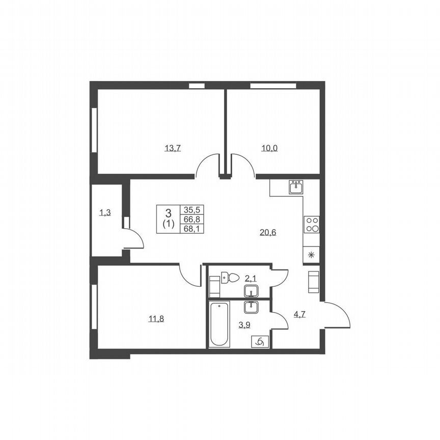 3-к. квартира, 68,1 м², 7/8 эт.