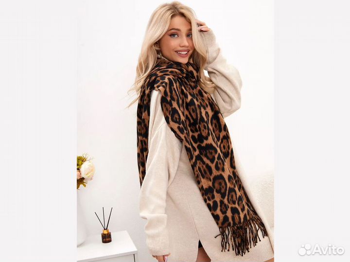 Шарф кашемировый леопард бежевый