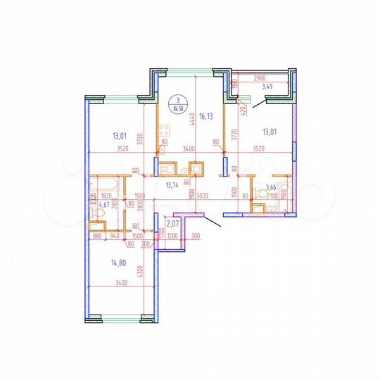 3-к. квартира, 84,6 м², 3/17 эт.