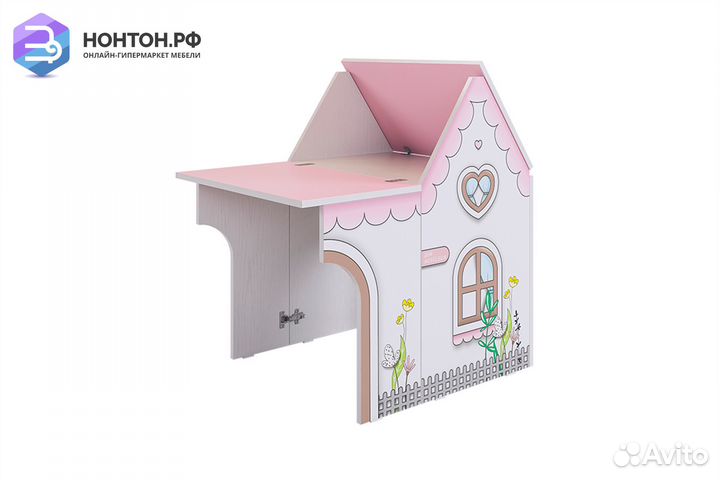 Стол-трансформер Домик белое дерево / розовый