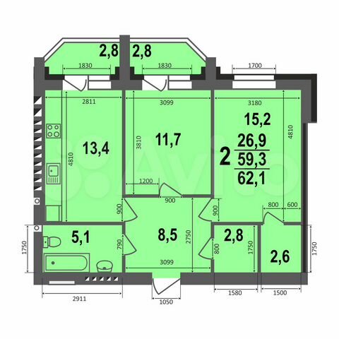 2-к. квартира, 62,1 м², 1/5 эт.