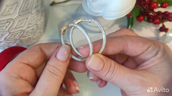 Серьги Конго 3,5см, полная инкрустация 925/позолот