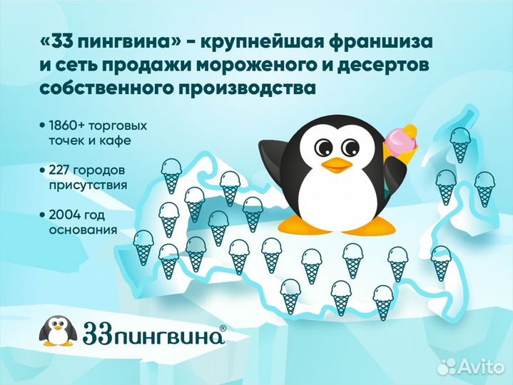 Франшиза киосков - мороженое, напитки «33 пингвина