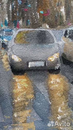 Картина акварель, солнечный город утро улица