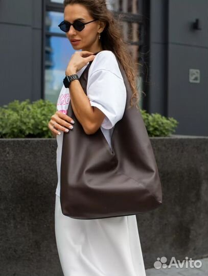 Сумка шоппер через плечо кожаная каричневая