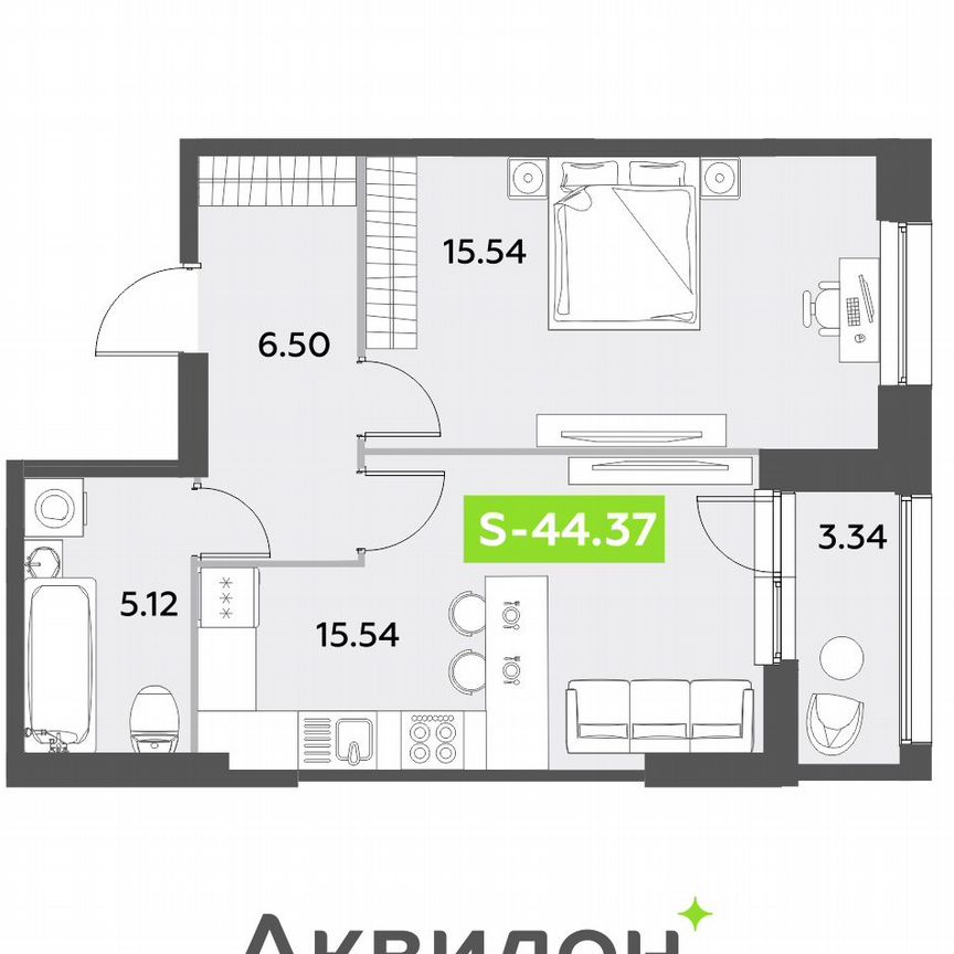 1-к. квартира, 44,4 м², 1/12 эт.