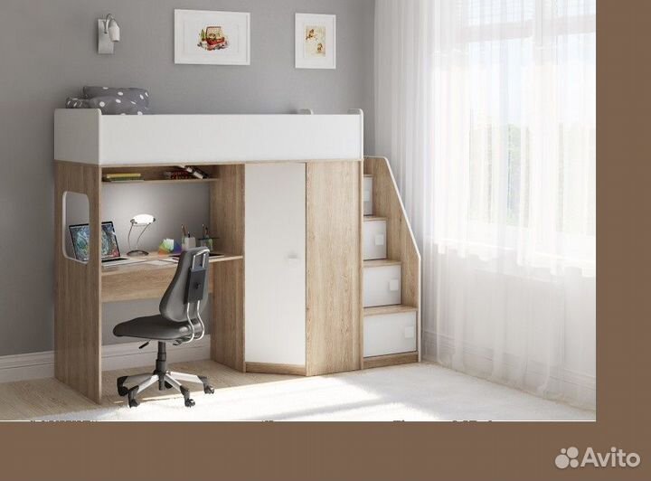 Кровать чердак с рабочей зоной и лесенкой камодом
