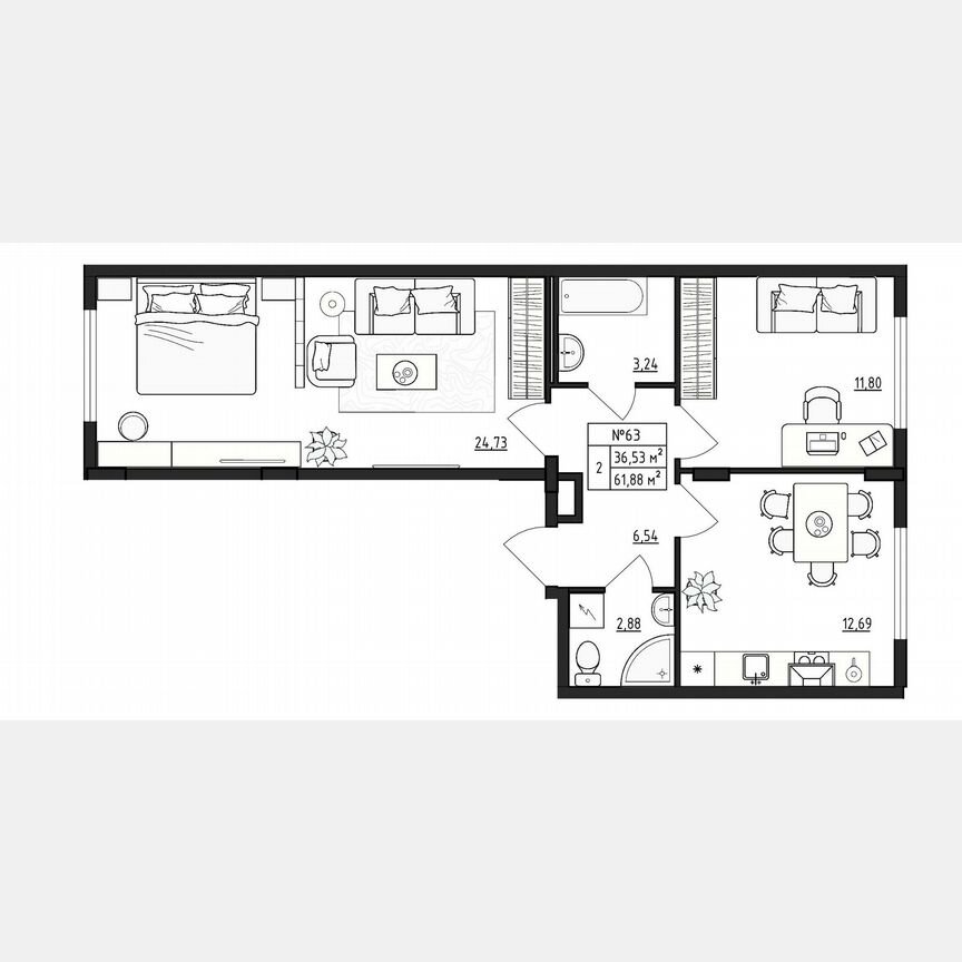 2-к. квартира, 61,9 м², 4/4 эт.