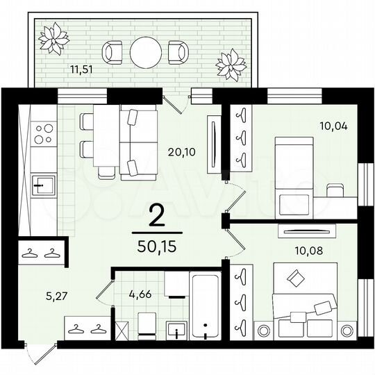 2-к. квартира, 50,2 м², 1/4 эт.