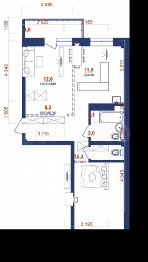 2-к. квартира, 57,2 м², 6/10 эт.