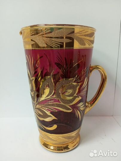 Кувшин с рюмками, гранатовое стекло позолота