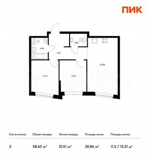 2-к квартира, 58.6 м², 11/14 эт.