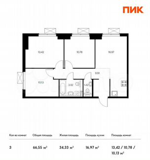 3-к квартира, 66.6 м², 4/16 эт.
