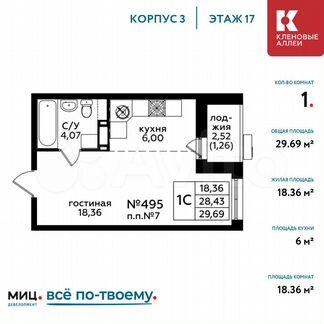1-к квартира, 29.7 м², 17/17 эт.