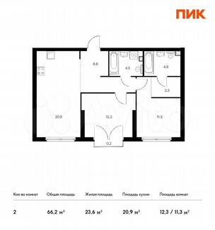 2-к квартира, 66.2 м², 6/32 эт.