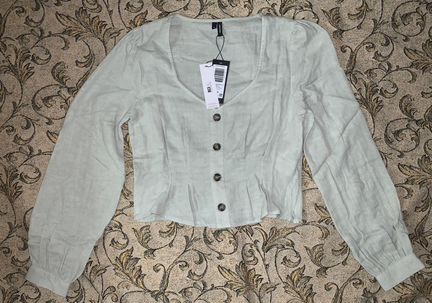 Зелёный льняной топ с объемными рукавами Vero Moda