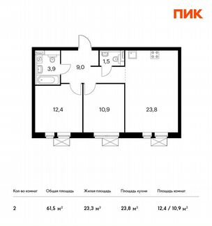 2-к квартира, 61.5 м², 29/33 эт.