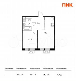 1-к квартира, 36.2 м², 4/9 эт.